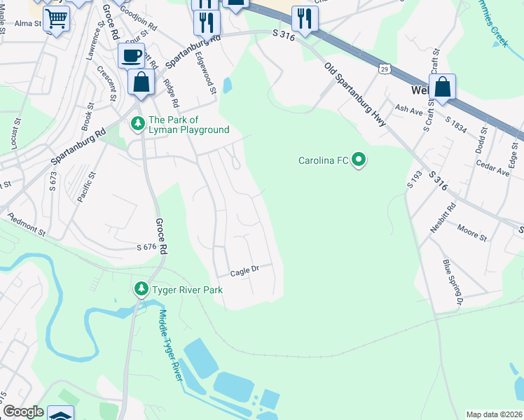 map of restaurants, bars, coffee shops, grocery stores, and more near 449 Rebel Ridge Road in Lyman