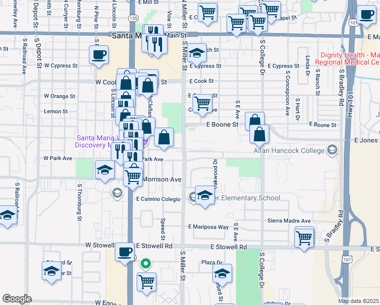 map of restaurants, bars, coffee shops, grocery stores, and more near 10 Oak Street in Santa Maria