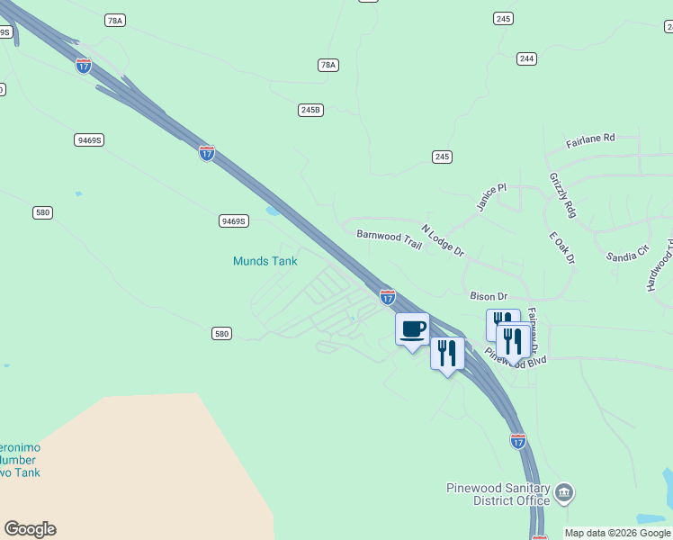 map of restaurants, bars, coffee shops, grocery stores, and more near 17410 Mountainside Place in Munds Park