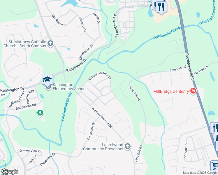 map of restaurants, bars, coffee shops, grocery stores, and more near 3900 Exbury Gardens Drive in Waxhaw