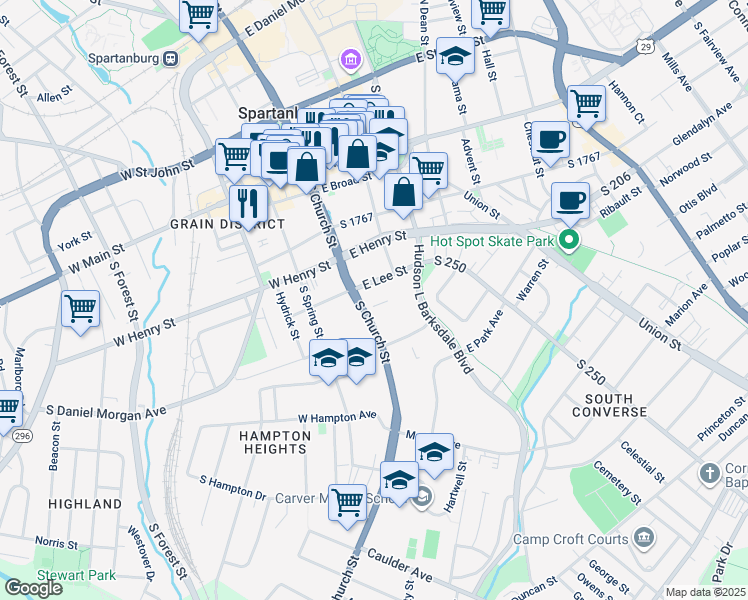 map of restaurants, bars, coffee shops, grocery stores, and more near 269 South Church Street in Spartanburg