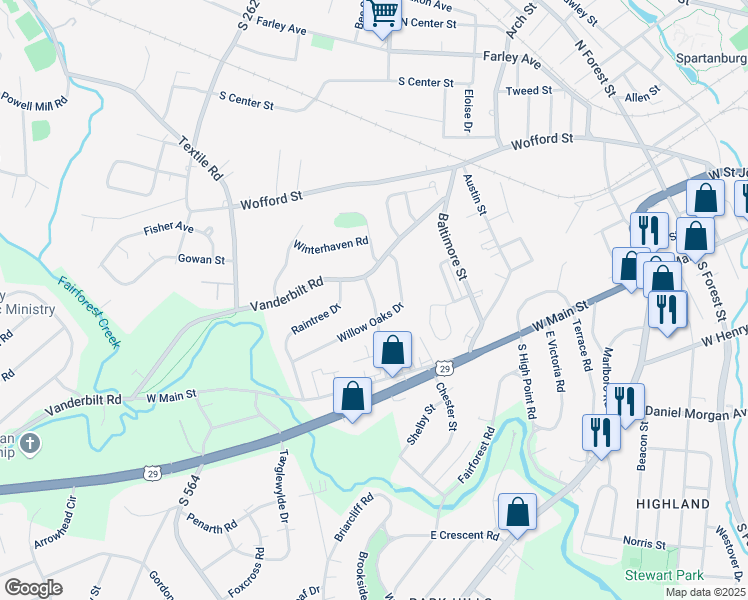 map of restaurants, bars, coffee shops, grocery stores, and more near 209 Westmoreland Street in Spartanburg