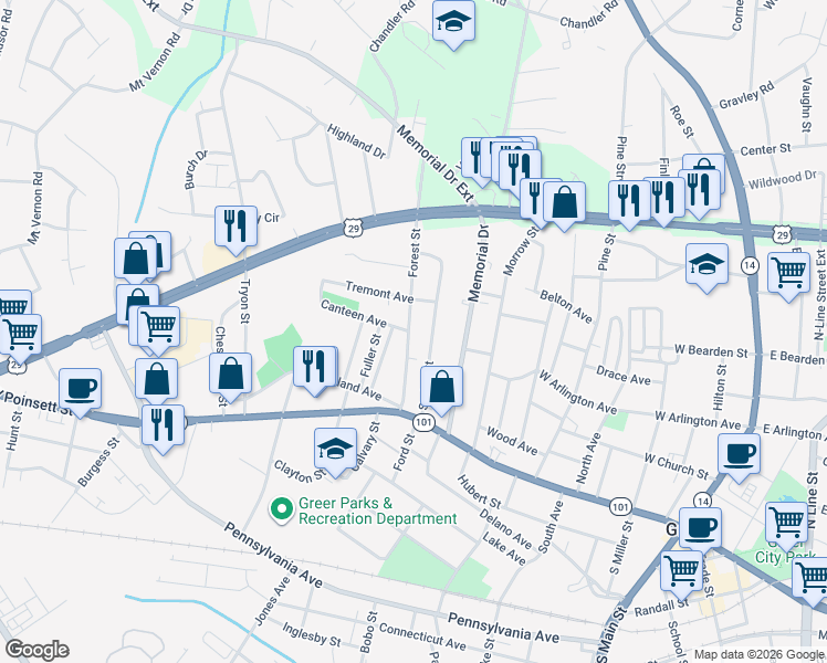 map of restaurants, bars, coffee shops, grocery stores, and more near 138 Forest Street in Greer