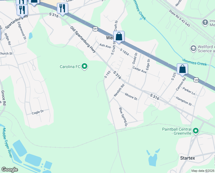 map of restaurants, bars, coffee shops, grocery stores, and more near 147 Finch Road in Wellford