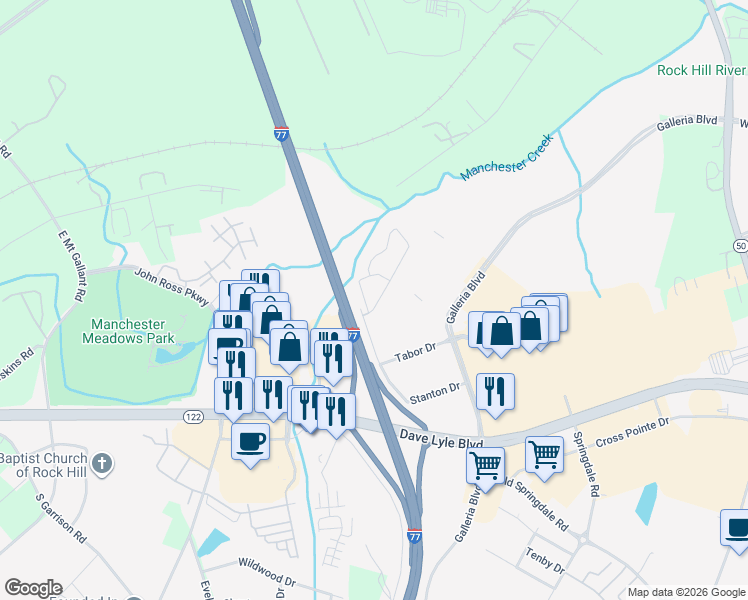 map of restaurants, bars, coffee shops, grocery stores, and more near 2505 Galleria Pointe Circle in Rock Hill