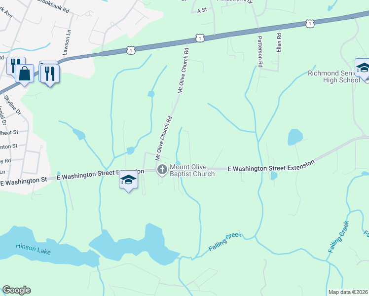 map of restaurants, bars, coffee shops, grocery stores, and more near 129 Green Cedar Lane in Rockingham