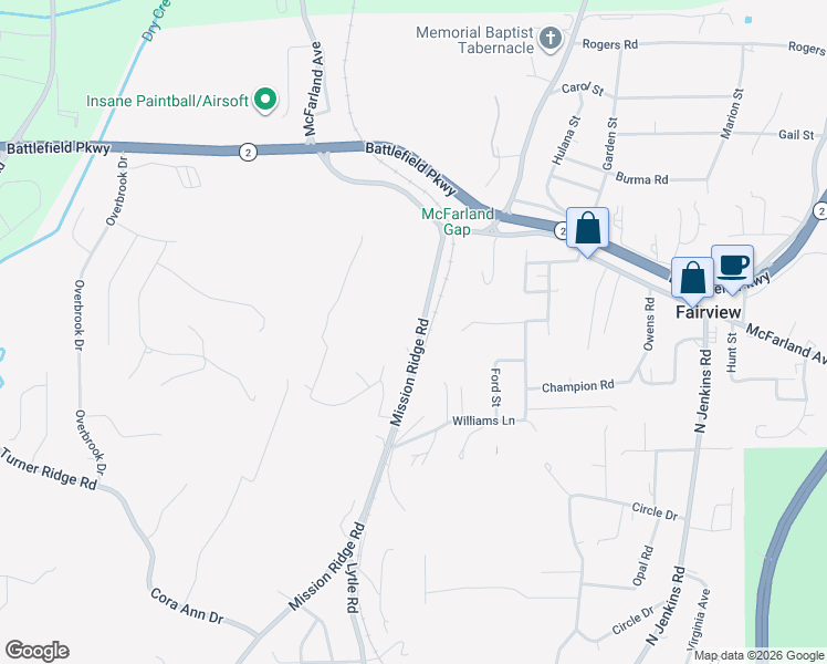 map of restaurants, bars, coffee shops, grocery stores, and more near 133 Mission Ridge Road in Rossville