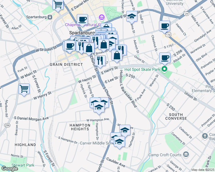 map of restaurants, bars, coffee shops, grocery stores, and more near 275 South Church Street in Spartanburg