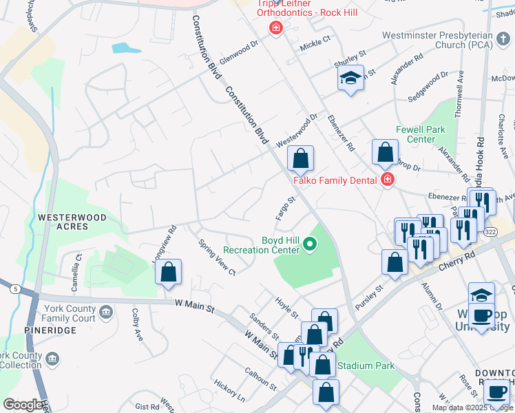 map of restaurants, bars, coffee shops, grocery stores, and more near 311 Hancock Union Lane in Rock Hill