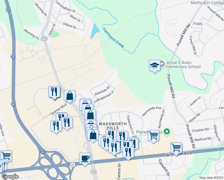 map of restaurants, bars, coffee shops, grocery stores, and more near 303 Collingwood Lane in Spartanburg
