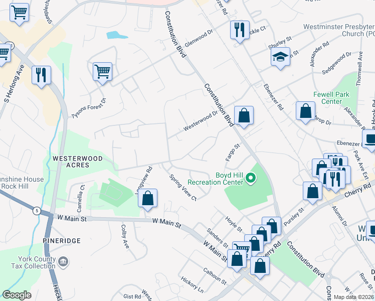 map of restaurants, bars, coffee shops, grocery stores, and more near 1085 Constitution Park Boulevard in Rock Hill