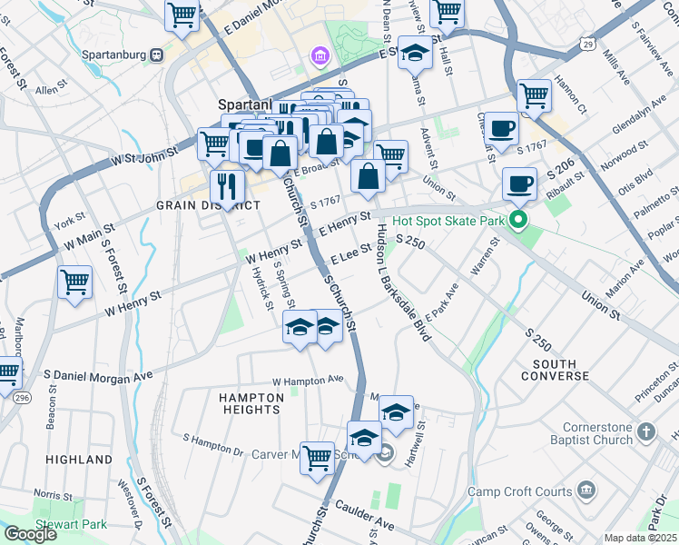 map of restaurants, bars, coffee shops, grocery stores, and more near 275 South Church Street in Spartanburg