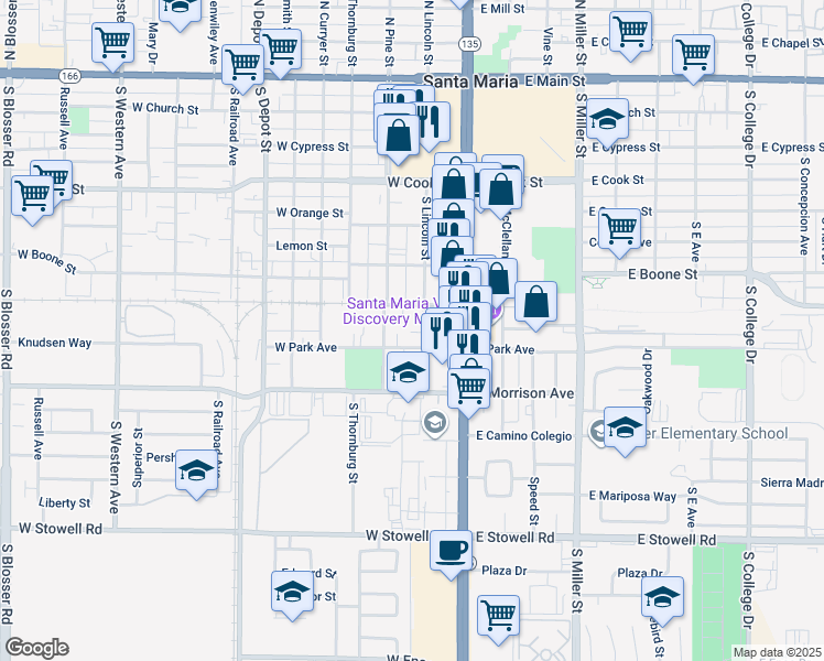 map of restaurants, bars, coffee shops, grocery stores, and more near 709 South Lincoln Street in Santa Maria