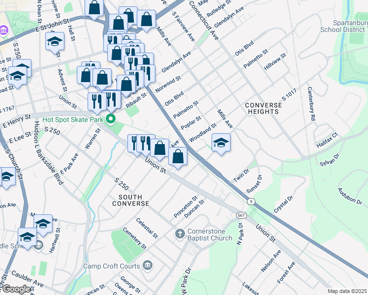map of restaurants, bars, coffee shops, grocery stores, and more near 411 South Pine Street in Spartanburg