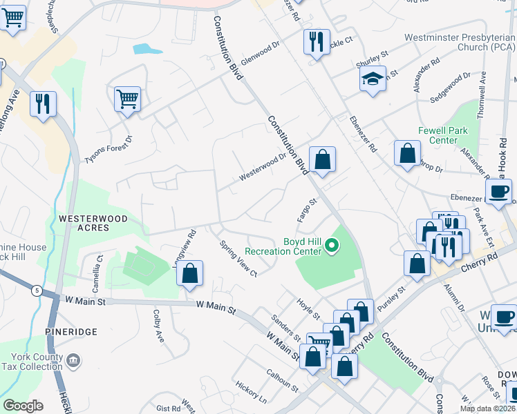map of restaurants, bars, coffee shops, grocery stores, and more near 1085 Constitution Park Boulevard in Rock Hill