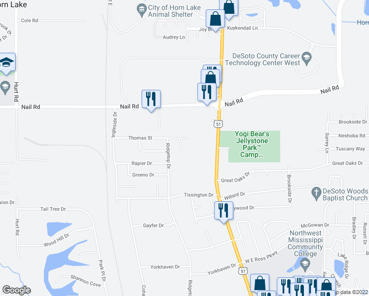 map of restaurants, bars, coffee shops, grocery stores, and more near 5814 Amaray Cove in Horn Lake