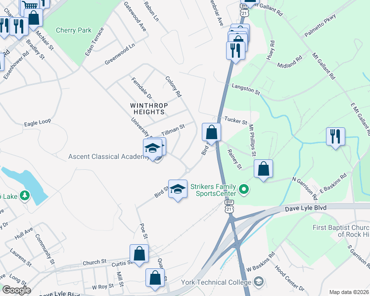 map of restaurants, bars, coffee shops, grocery stores, and more near 1758 Colony Road in Rock Hill