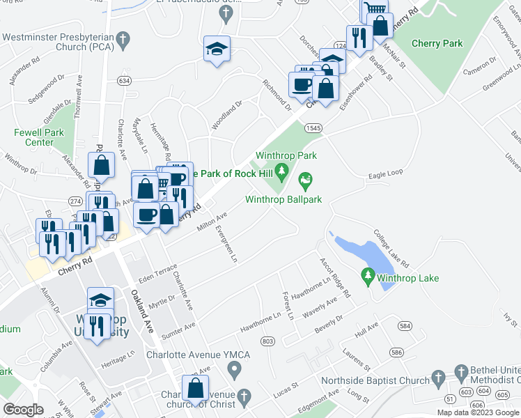 map of restaurants, bars, coffee shops, grocery stores, and more near 869 Eden Terrace in Rock Hill