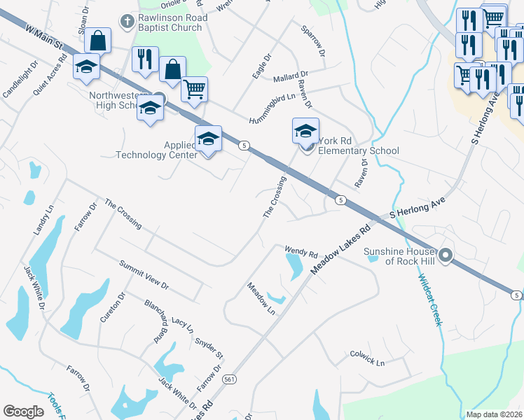 map of restaurants, bars, coffee shops, grocery stores, and more near 1200 The Crossing in Rock Hill
