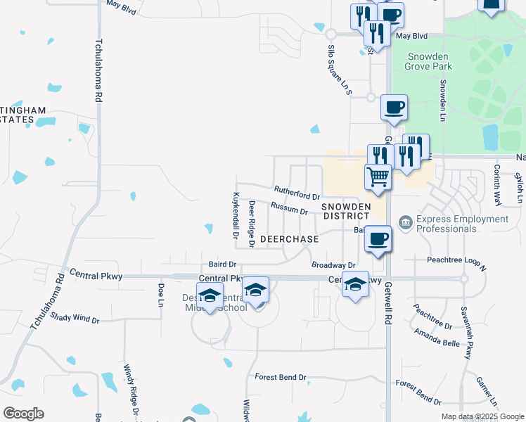 map of restaurants, bars, coffee shops, grocery stores, and more near 5785 Hunters Chase Drive in Southaven