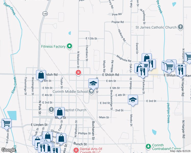 map of restaurants, bars, coffee shops, grocery stores, and more near 1042 East Shiloh Road in Corinth