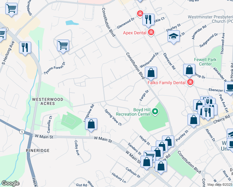 map of restaurants, bars, coffee shops, grocery stores, and more near 1073 Constitution Park Boulevard in Rock Hill