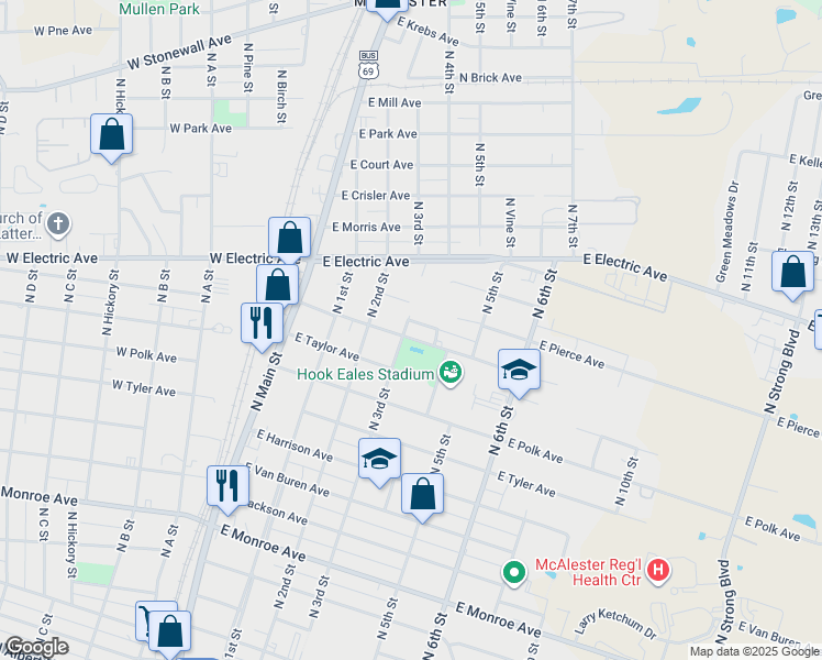 map of restaurants, bars, coffee shops, grocery stores, and more near 301 East Fillmore Avenue in McAlester