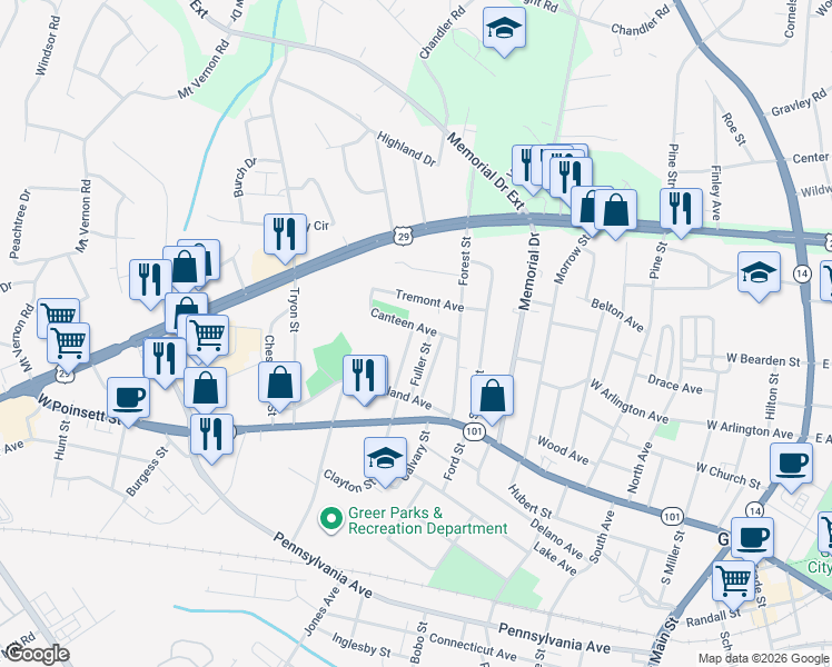 map of restaurants, bars, coffee shops, grocery stores, and more near 202 Canteen Avenue in Greer