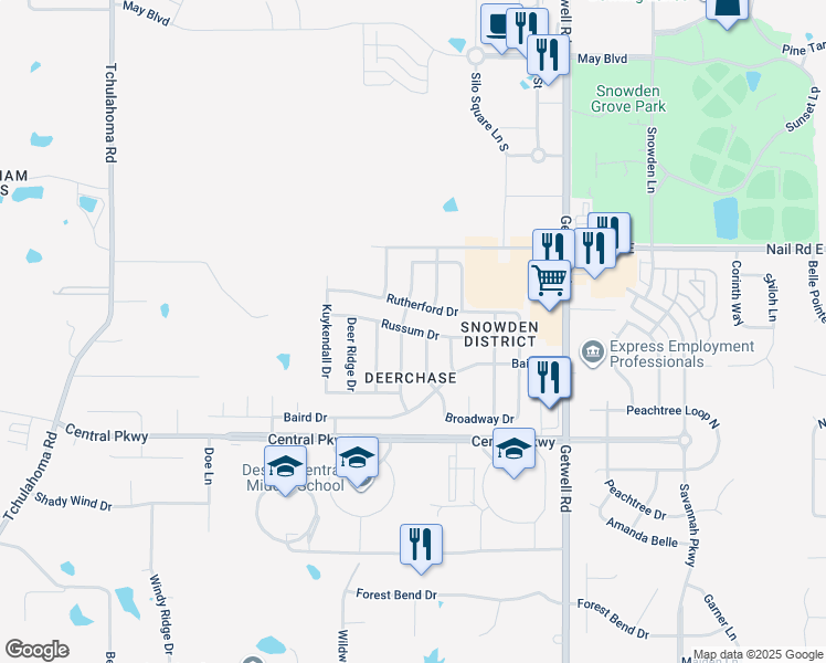 map of restaurants, bars, coffee shops, grocery stores, and more near 2675 Russum Drive in Southaven
