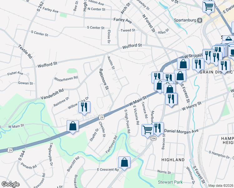 map of restaurants, bars, coffee shops, grocery stores, and more near 773 Baltimore Street in Spartanburg