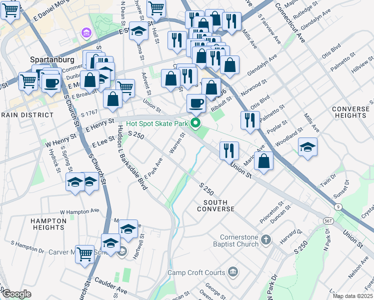 map of restaurants, bars, coffee shops, grocery stores, and more near 409 East Hampton Avenue in Spartanburg