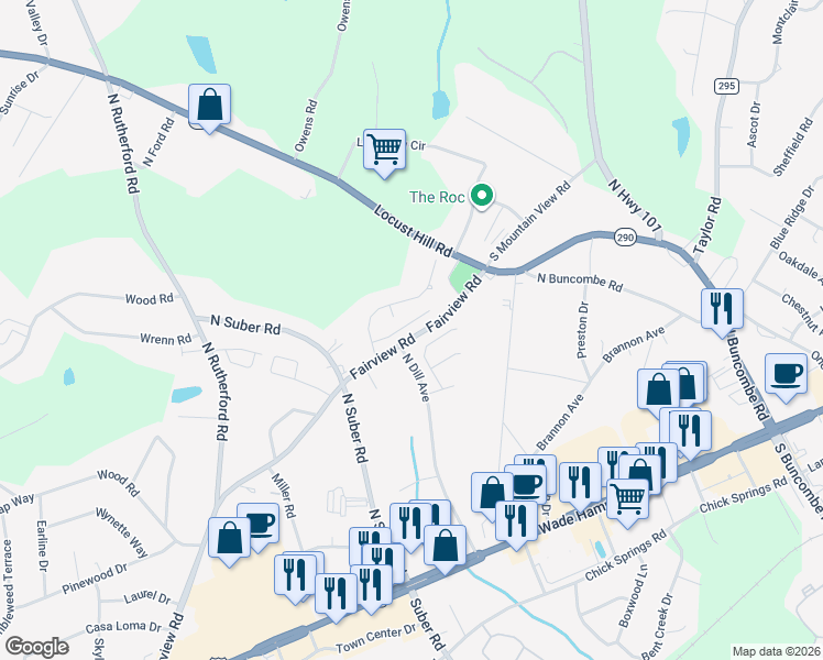 map of restaurants, bars, coffee shops, grocery stores, and more near 5 Fairview Court in Greer