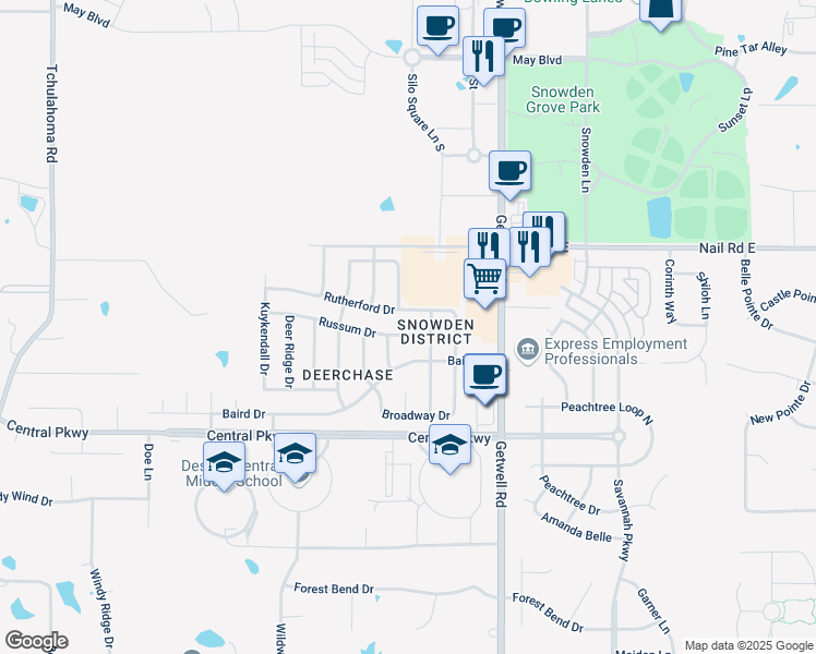 map of restaurants, bars, coffee shops, grocery stores, and more near 2802 Russum Drive in Southaven