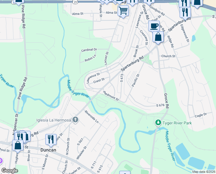 map of restaurants, bars, coffee shops, grocery stores, and more near 46 Spartanburg Road in Lyman