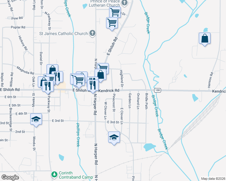 map of restaurants, bars, coffee shops, grocery stores, and more near 1564 Pinecrest Street in Corinth