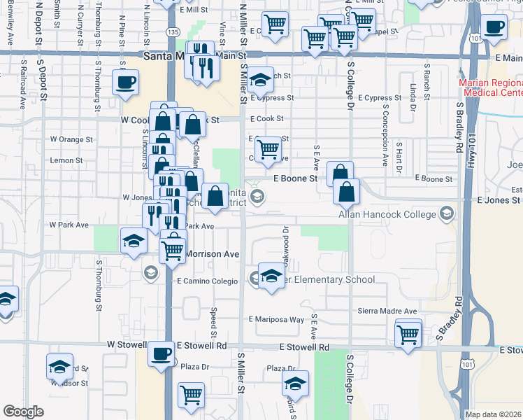 map of restaurants, bars, coffee shops, grocery stores, and more near 732 South Miller Street in Santa Maria