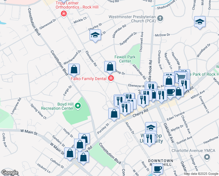 map of restaurants, bars, coffee shops, grocery stores, and more near 1151 Camden Avenue in Rock Hill