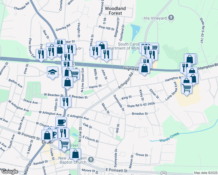 map of restaurants, bars, coffee shops, grocery stores, and more near 224 Victor Street in Greer