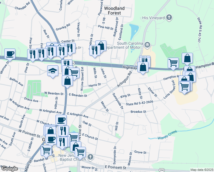map of restaurants, bars, coffee shops, grocery stores, and more near 224 Victor Street in Greer