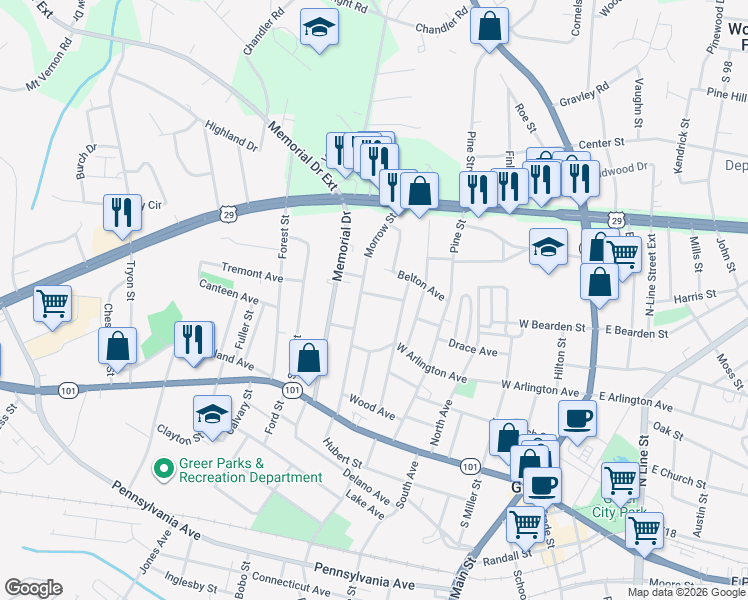 map of restaurants, bars, coffee shops, grocery stores, and more near 211 Morrow Street in Greer