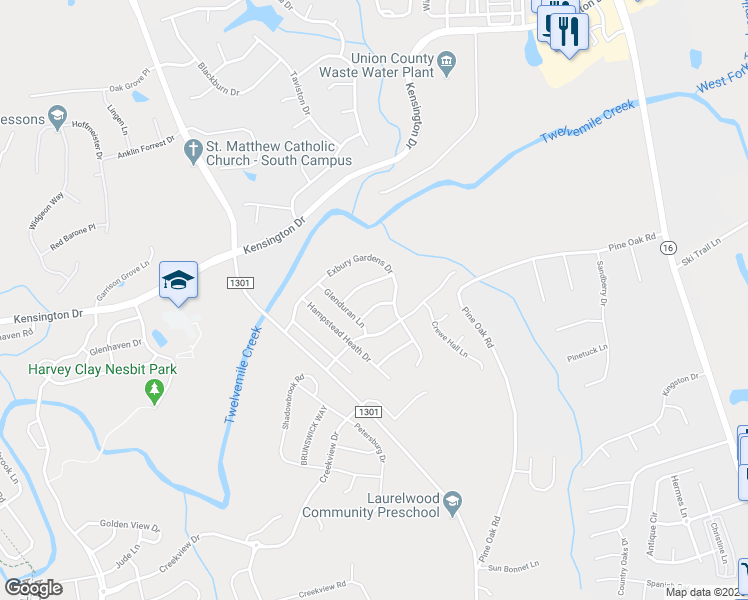 map of restaurants, bars, coffee shops, grocery stores, and more near 8402 Stourhead Gardens Lane in Waxhaw