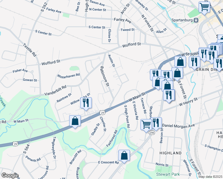 map of restaurants, bars, coffee shops, grocery stores, and more near 773 Baltimore Street in Spartanburg