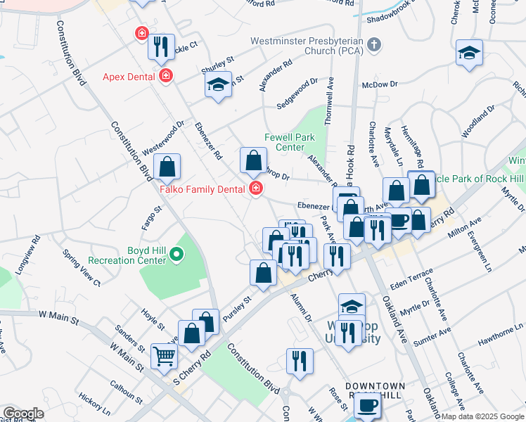 map of restaurants, bars, coffee shops, grocery stores, and more near 1151 Camden Avenue in Rock Hill