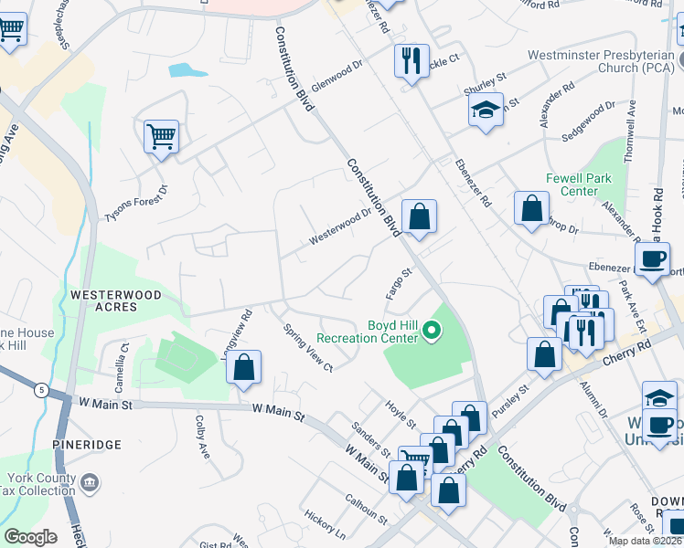 map of restaurants, bars, coffee shops, grocery stores, and more near 310 Hancock Union Lane in Rock Hill