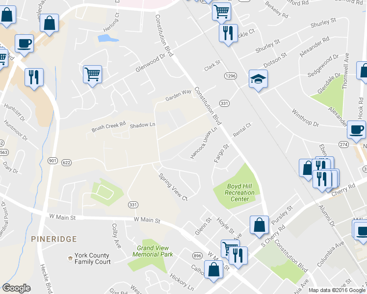 map of restaurants, bars, coffee shops, grocery stores, and more near 1100 Constitution Park Boulevard in Rock Hill