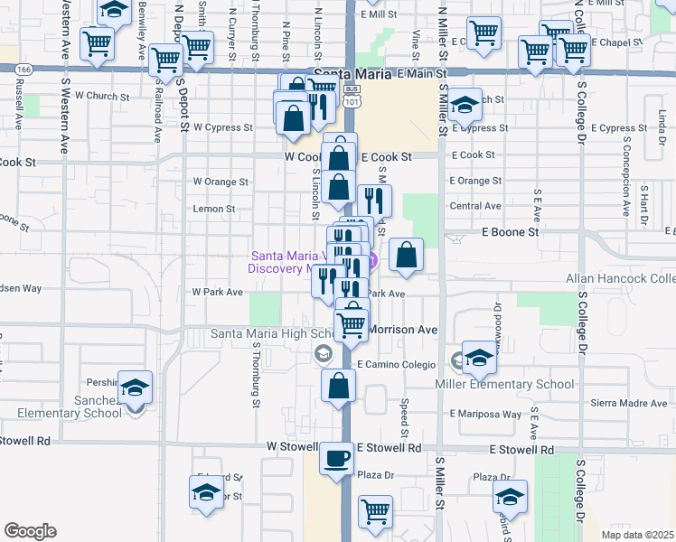 map of restaurants, bars, coffee shops, grocery stores, and more near 715 S Broadway in Santa Maria