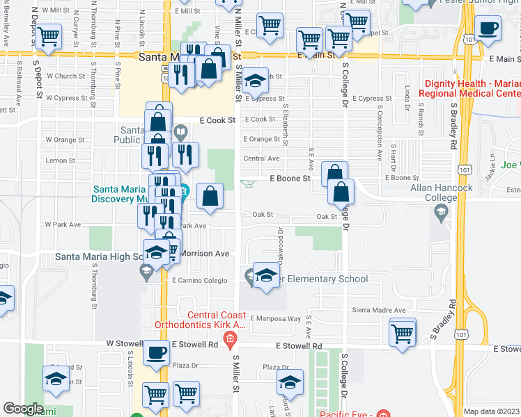 map of restaurants, bars, coffee shops, grocery stores, and more near 708 Miller Street in Santa Maria