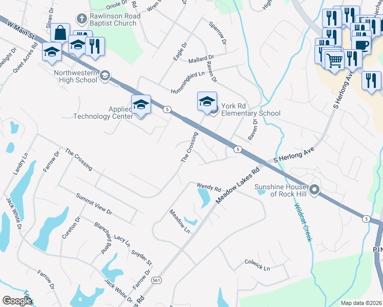 map of restaurants, bars, coffee shops, grocery stores, and more near 1200 The Crossing in Rock Hill