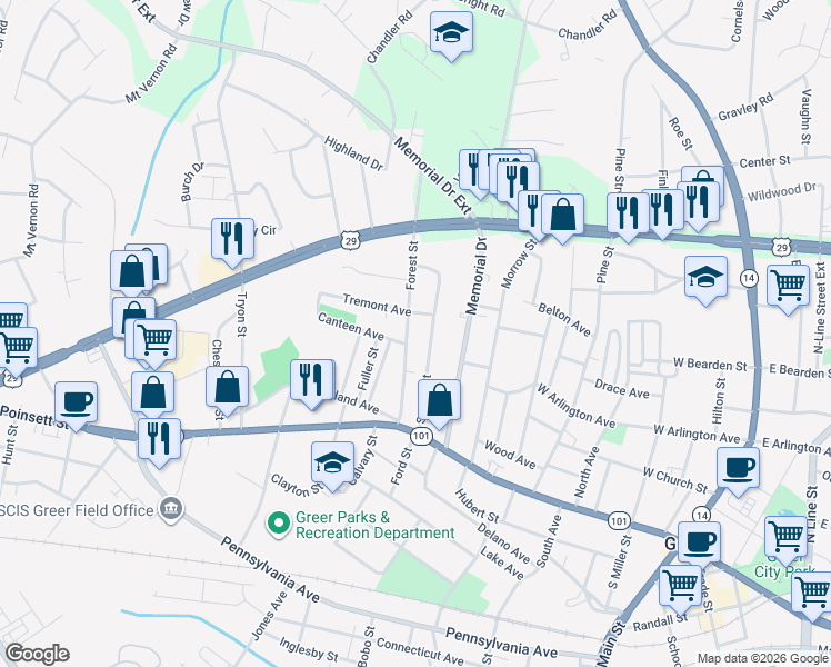 map of restaurants, bars, coffee shops, grocery stores, and more near 138 Forest Street in Greer