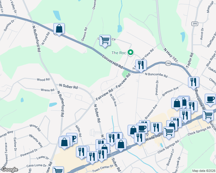 map of restaurants, bars, coffee shops, grocery stores, and more near 5 Fairview Court in Greer